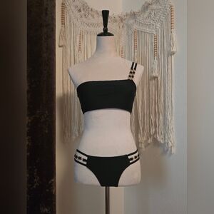 Black Two-Piece Bikini with Decorative Gold Accents
